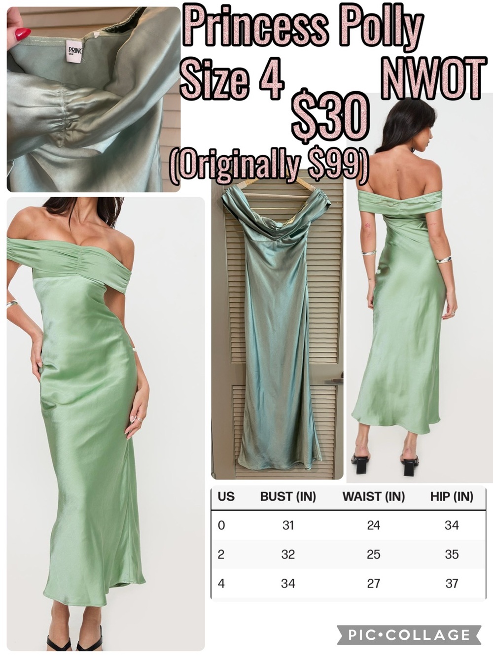 Princess Polly Sage Green Off-Shoulder Satin Dress
